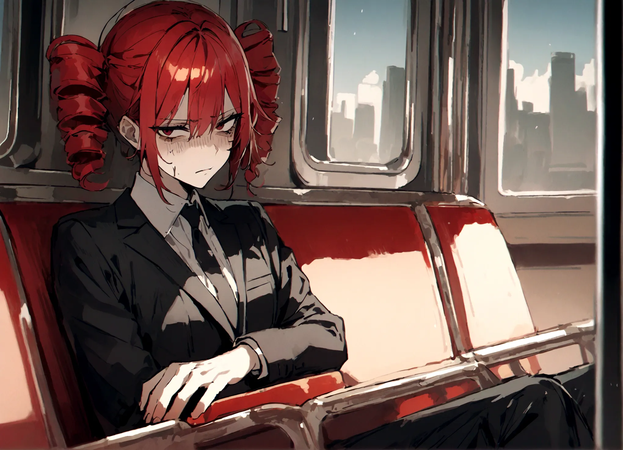 red hair、black suit、painful face、on the train、sitting