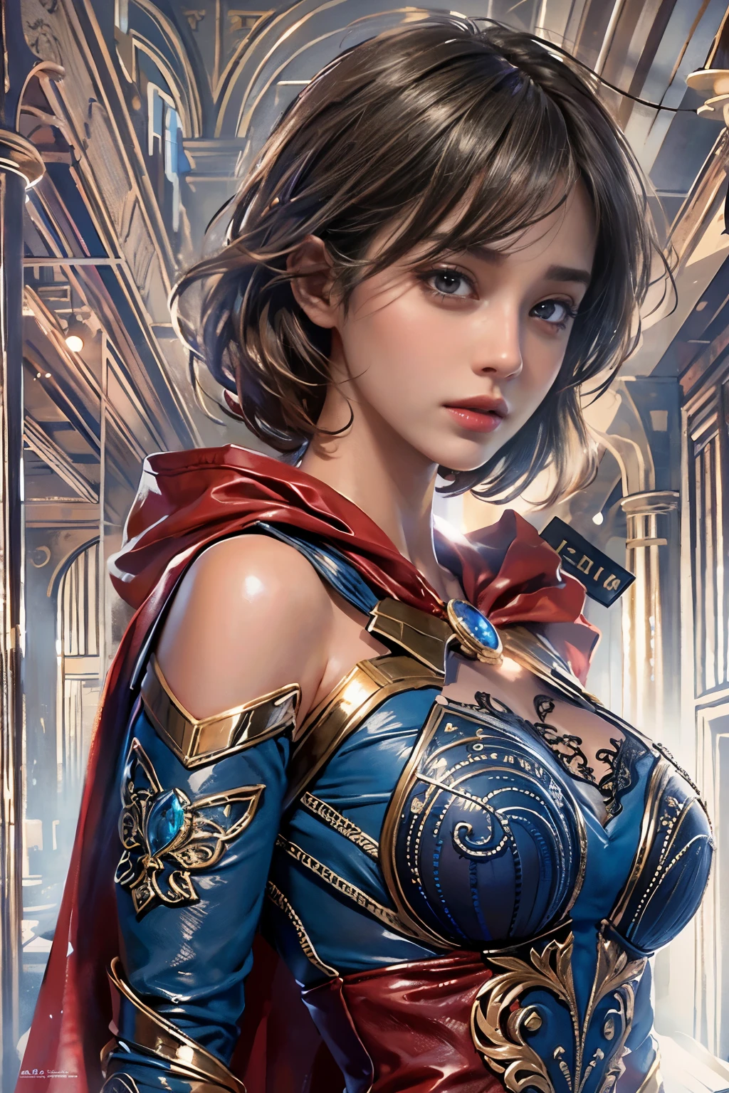 highest quality, Realistic, photoRealistic, Award-winning illustrations, (Intricate details: 1.2), (Subtle details), (Intricate details), (Cinematic Light, Super sexy short hair super girl, huge firm bouncing bust