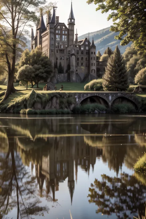 2ruined castle facing a lake, where its reflection hits the water and reflects on this in its glory days  