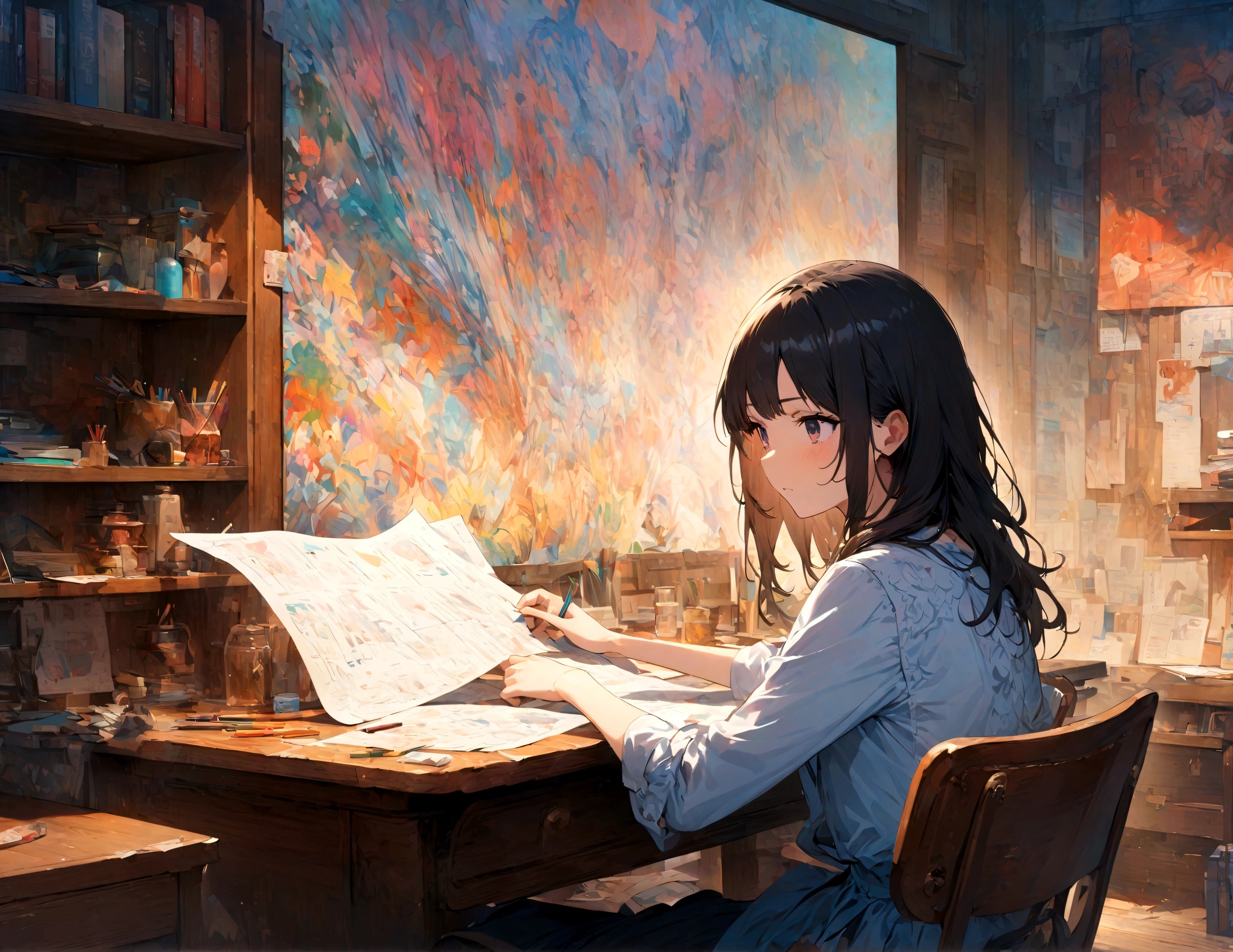 One 17-year-old female taking a paper test,focus on girls,She is a quiet and smart-looking cute girl.,A woman is sitting in a chair in front of a desk with a paper test on it.,There are pencils and erasers on the desk.,The girl is working on a paper test with a serious expression,The woman looks calm, but she is actually confused.,Draw an abstract background to show confusion,(Places "?" and distorted alphabets in the background),(masterpiece:1.3),(highest quality:1.4),(ultra detailed:1.5),High resolution,extremely detailed,unity 8k wallpaper,An illustration