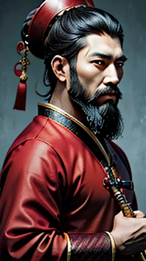 Oriental、Men in ancient Chinese costumes、ancient chinese hairstyle men、Three Kingdoms、Multiple warlords、highest quality、masterpiece、Ultra-high resolution、(Realistic:1.4)、Game Poster、Crisp and beautiful image quality、Red clothes、Long beard、I put a cylindrical box on my head、