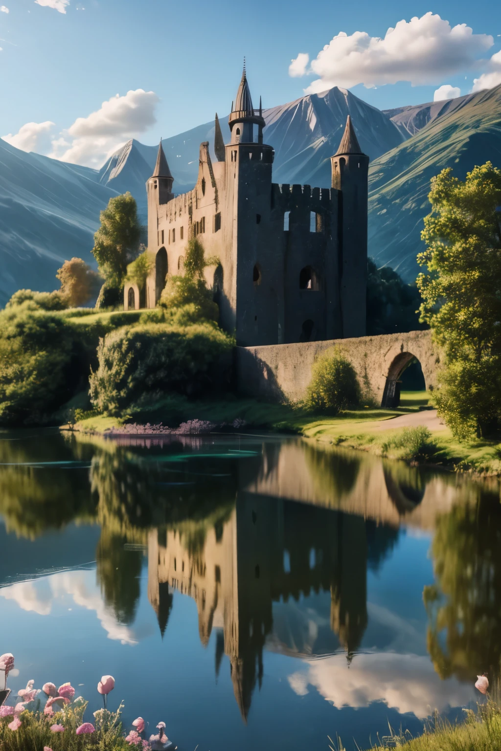 girls near 2ruined castle facing a lake, where its reflection hits the water and reflects on this in its glory days