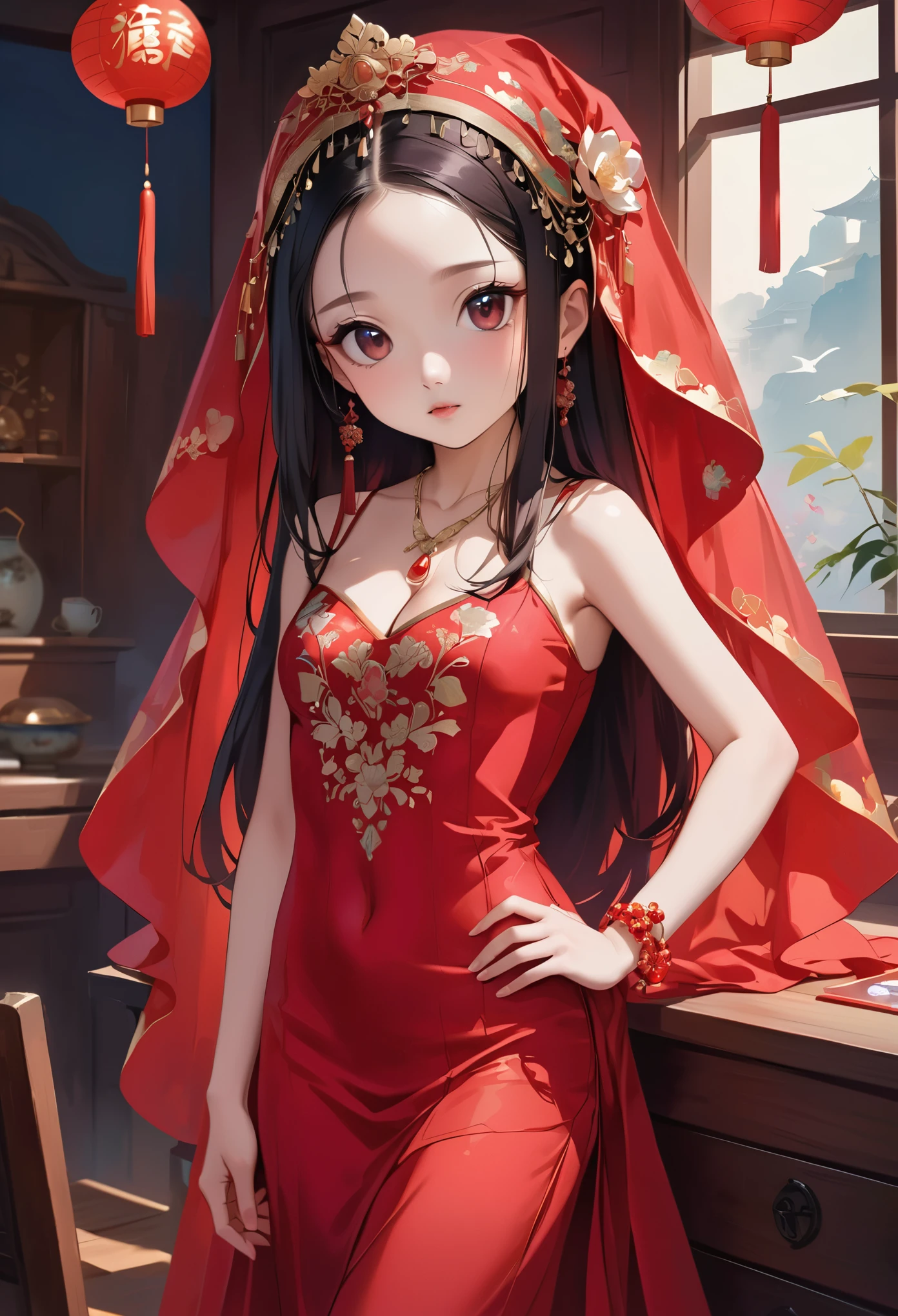 very long hair,（（（Eyes are very delicate）））（（（hair accessories）））（（（veil）））,necklace,Misako wears a red transparent sexy silk dress, ((skin glowing))The room is filled with Chinese New Year decorations（（（masterpiece）））, （（best quality））, （（intricate details））, （（Surreal））（8k）, 