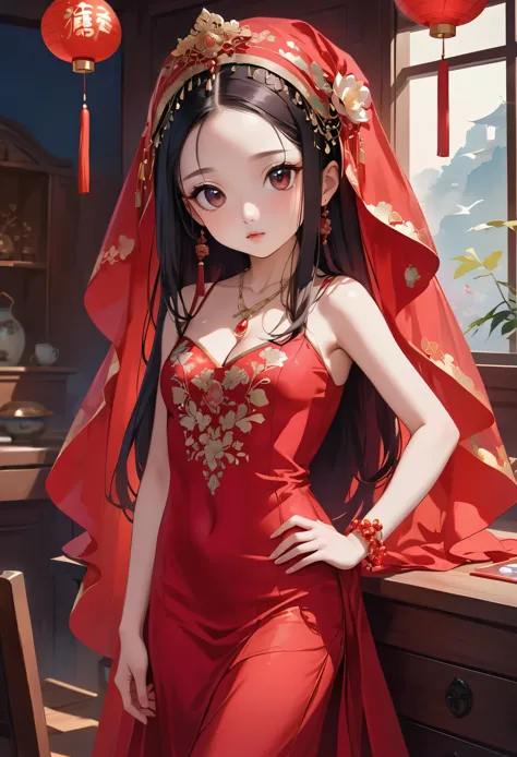 very long hair,（（（Eyes are very delicate）））（（（hair accessories）））（（（veil）））,necklace,Misako wears a red transparent sexy silk dr...