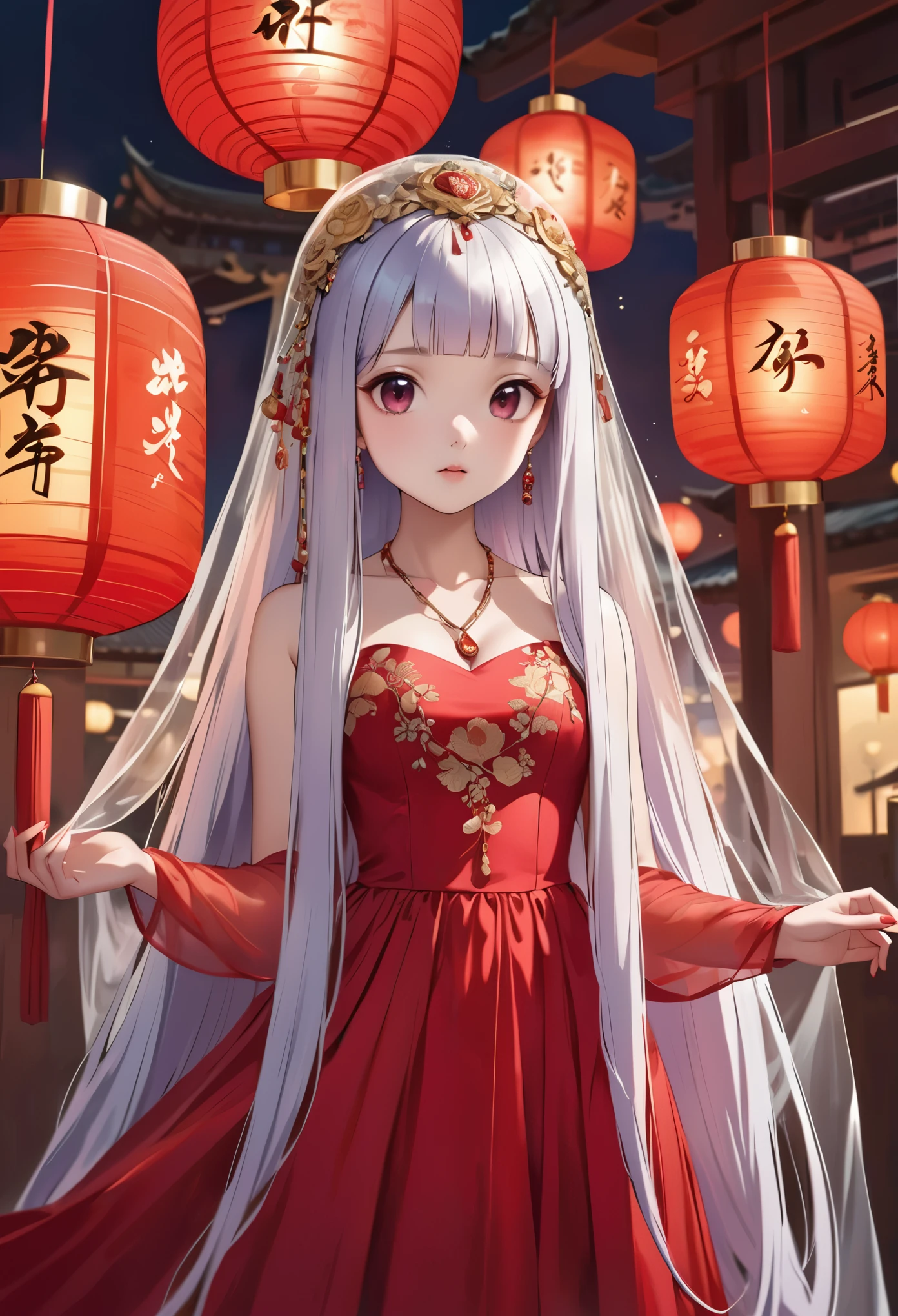 very long hair,（（（Eyes are very delicate）））（（（hair accessories）））（（（veil）））,necklace,Misako wears a red transparent sexy silk dress, ((skin glowing))The room is filled with Chinese New Year decorations（（（masterpiece）））, （（best quality））, （（intricate details））, （（Surreal））（8k）, loli