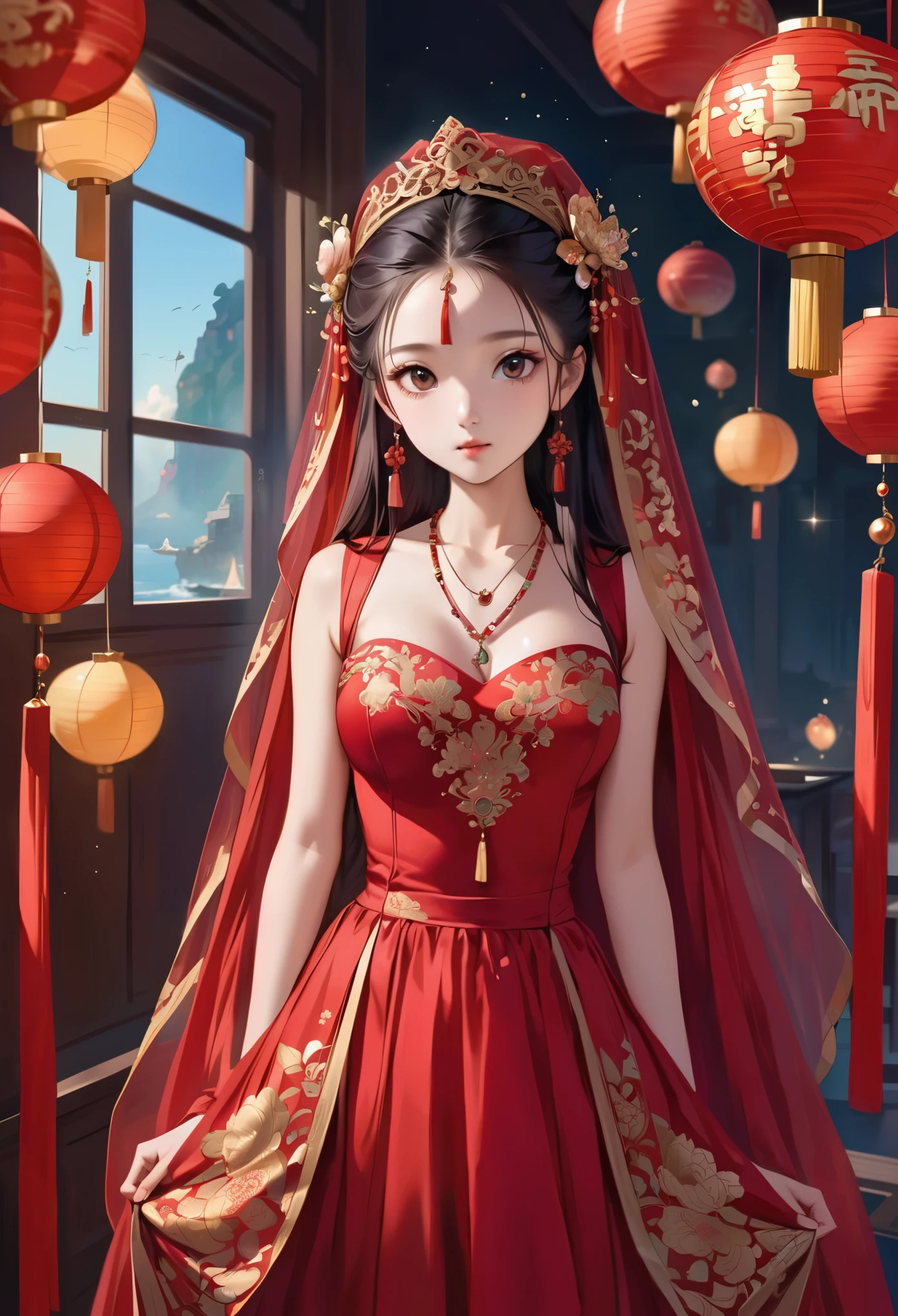 very long hair,（（（Eyes are very delicate）））（（（hair accessories）））（（（veil）））,necklace,Misako wears a red transparent sexy silk dress, ((skin glowing))The room is filled with Chinese New Year decorations（（（masterpiece）））, （（best quality））, （（intricate details））, （（Surreal））（8k）, 