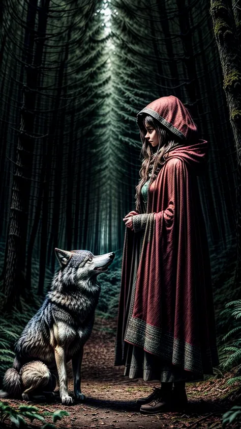 《Girl in red cloak a wolf by her side in dark forest》