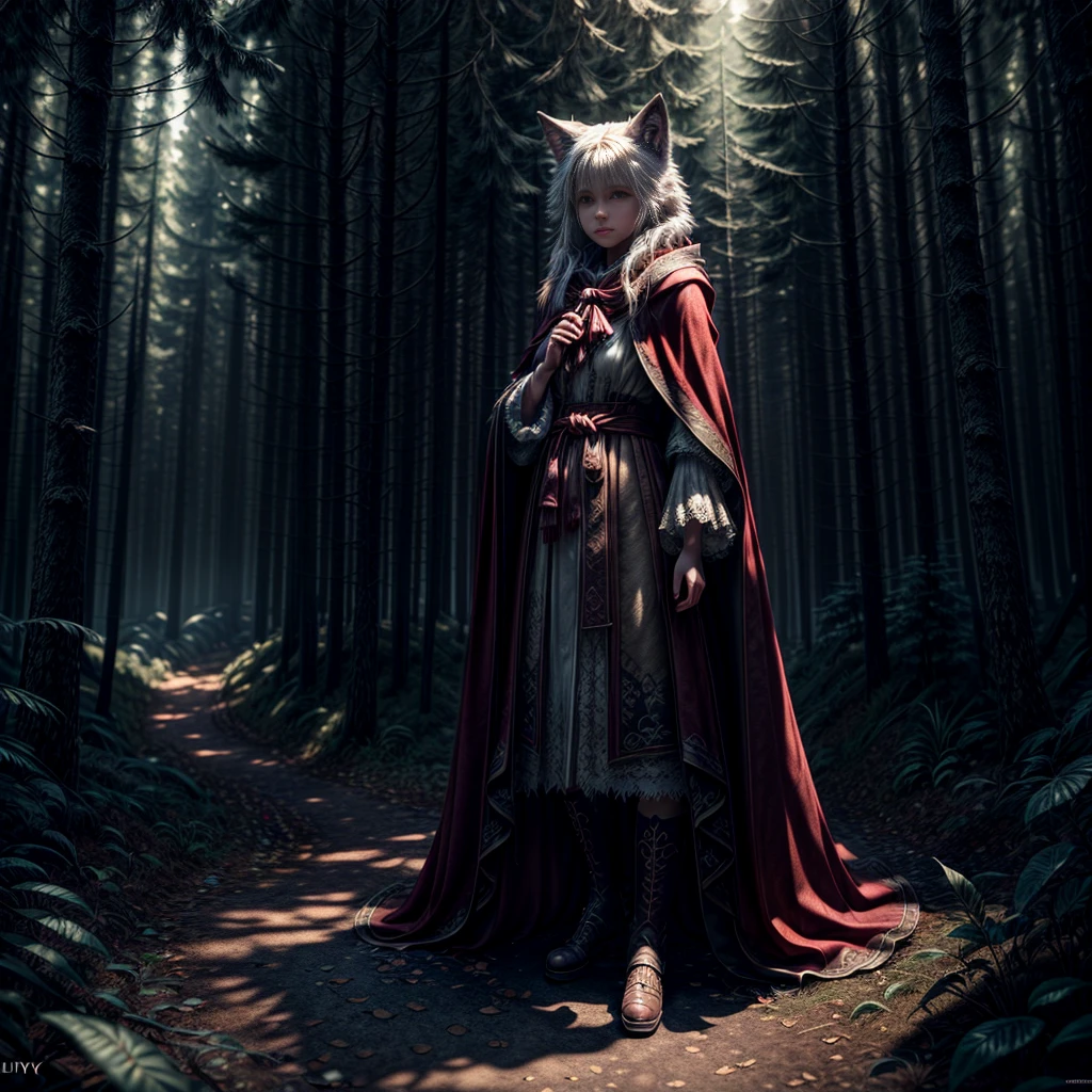 8K, Best Quality, Masterpiece, Ultra High Resolution, (highly detailed CG unity 8k wallpaper), (best illustration), (best shadows), isometric 3D, octane rendering, ray tracing, highly detailed, (wide panoramic view: 1.1), Realistic hands. Blurred foreground. [(detailed), (detailed skin).《Girl in red cloak a wolf by her side in dark forest》]