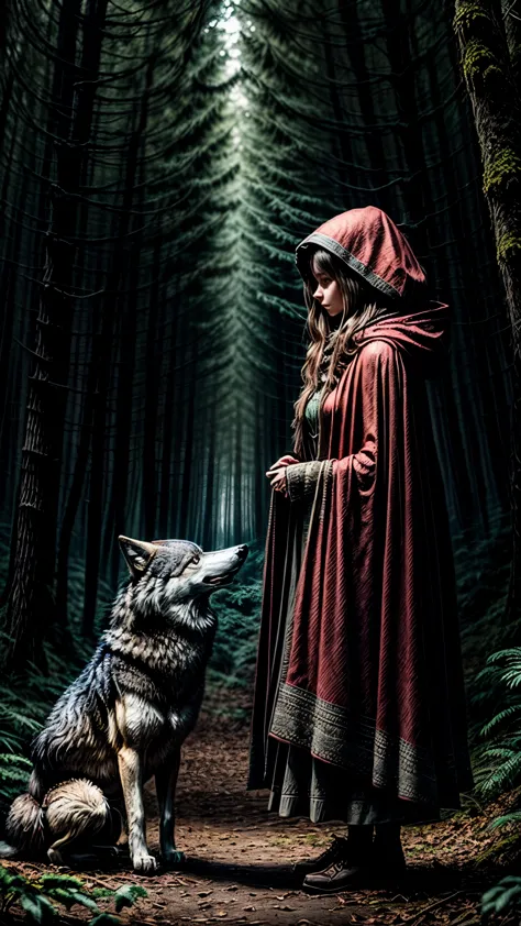 《girl in red cloak a wolf by her side in dark forest》