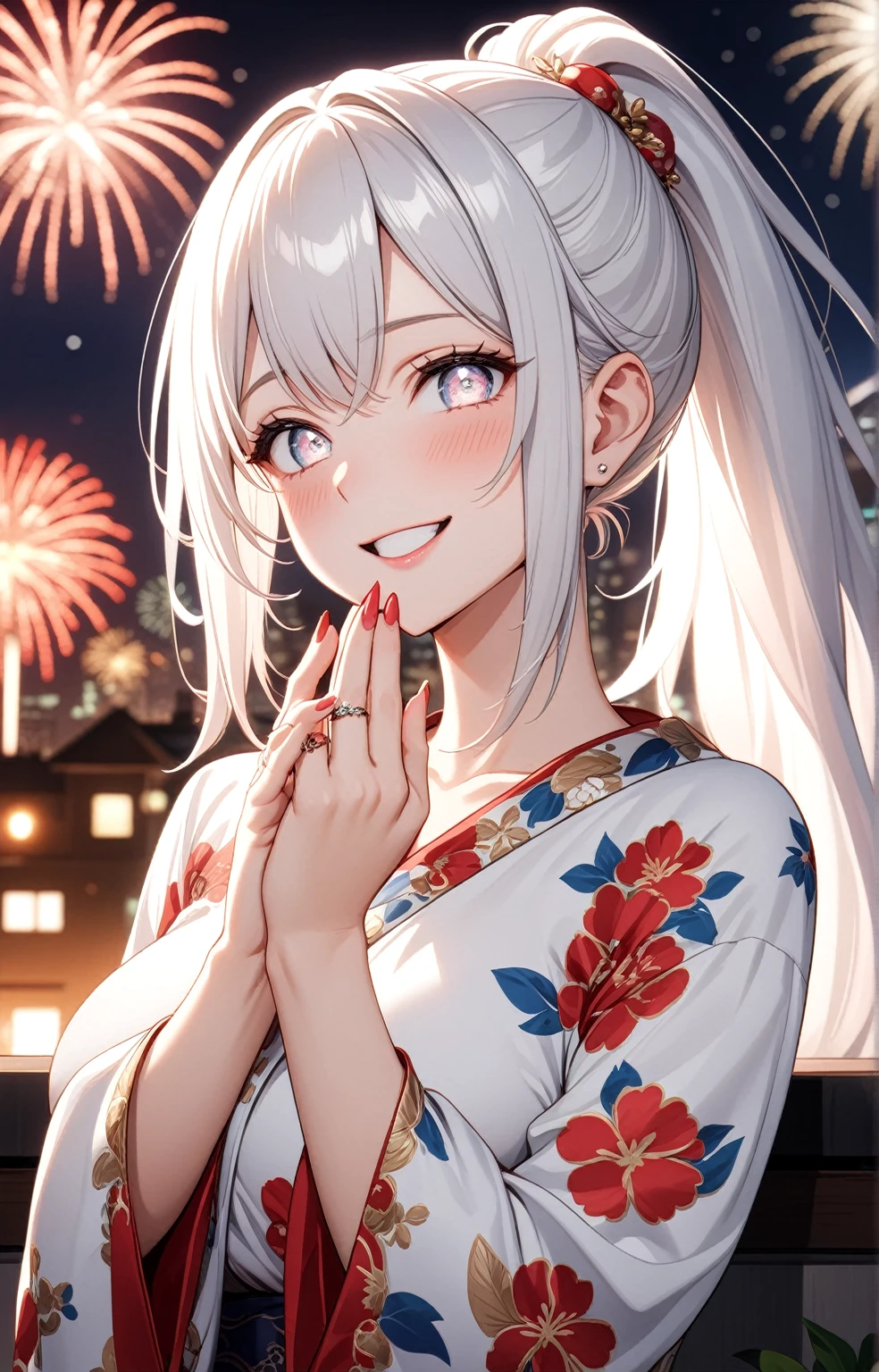 ((one personの女性)), Beautiful Face,Laughing embarrassedly,Laughing with your mouth open,(Bright red cheeks),Glossy pink lips,night,rooftop,firework,((Anime style background)),masterpiece, highest quality, so beautiful, Latest, Complex details, (Pink long nails),(ring),AI-generated, Complex,High resolution, highest quality, super high quality,3D Images、View your viewers、3D Images,one person,Long white hair,High Ponytail,blue eyes,Anime woman posing for a photo, ((Fine grain、Silvery white colorful eyes、Shining Eyes:1.3)),(Squint your eyes:1.1),a hyperRealistic , hyperRealistic , Realistic,Anime woman with long and white hair, Smooth anime CG art, A woman in a colorful kimono with gold embroidery, (White kimono),Red floral pattern,Long flower hair ornament,Big earrings,Mature Body,(Big Breasts:1.1),Tall,Big Ass,Fine details,Narrow waist,Abdominal muscles,Shooting from an angle,(Face close-up:1.2),(clasping their hands in front of their mouth with a delighted expression),