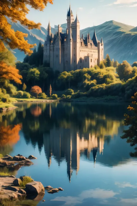 girls,  background  castle facing a lake, where its reflection hits the water and reflects on this in its glory days