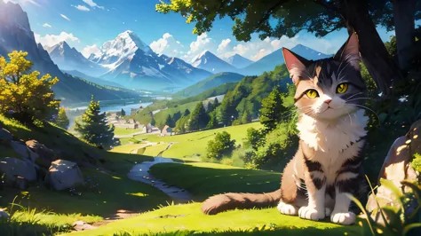 A beautiful mountain landscape in the morning, a cute cat in the foreground basking under the sun, a detailed cat, detailed moun...