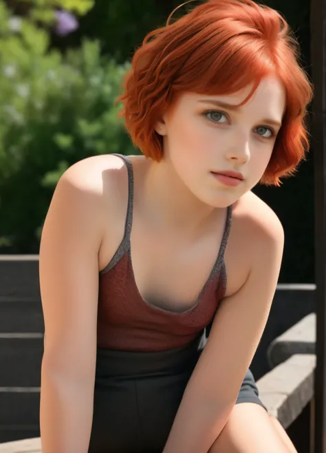 A red-haired girl with short hair and pinched eyes