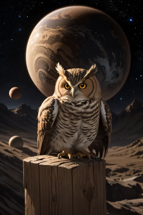 Print of a cosmic owl, with the background of planets and stars  