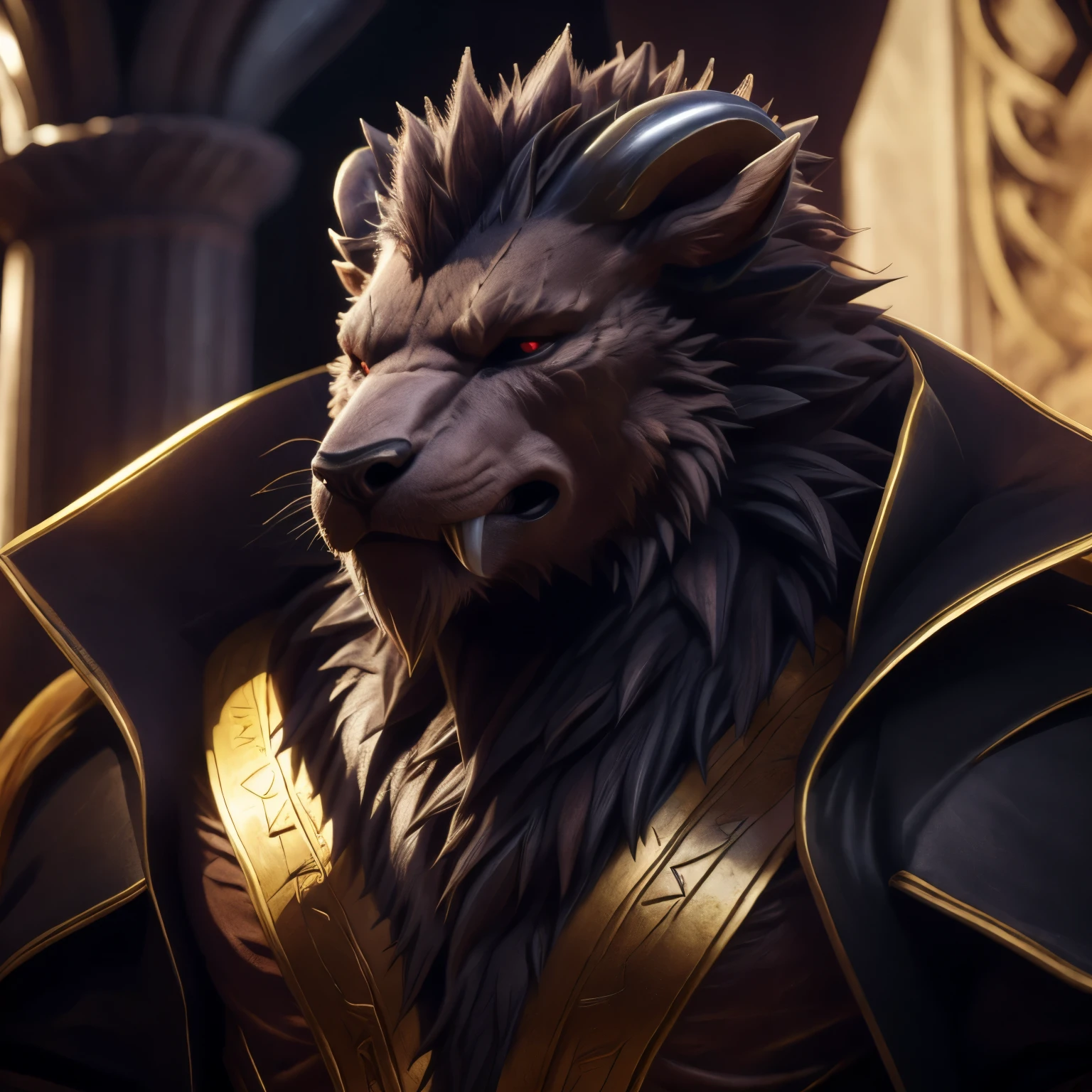 (highest quality, 32K High resolution:1.2, Very detailed, Realistic, photoRealistic, masterpiece,) Official Art, The Sacrificed Princess and the King of Beasts, Full Body View, Looking at the audience, male, good looking, Majestic Beast, Dark sienna brown fur, Black Mane, Majestic King, King Leonhard, Muscular body, Crimson Eyes, Serious look , Small ears, Curved black horns, Long upper jaw crab teeth, (detailed Realistic image:1.3), (Fine grain, Beautiful and expressive eyes:1), (hyper Realistic fur:1.2), (Fur with attention to detail:1. ( Detailed face:1) Low Light: 1.2) masterpiece, highest quality, ultra Realistic ( 8k, 超High resolution, Beautiful light and shadow, Detailed faceの描写, highest quality, masterpiece, Ultra high definition, Official Art, Super detailed, Deep Shadow, Dynamic Shadows, High resolution, Profound, utra Fur with attention to detail, Maximum concentration, Depth of written boundary, Perfect lighting, Lightest particle quality, Super-detailed body, Cinematic, Sharp focus, Correct Anatomy, Right hand, The right move, Five fingers, Right Head, Detailed Background), (Intricate Details, Masterpiece, Best Quality, High Resolution, 8k), (1man), (male:1.2), old, aged up, exquisite face, angular jawline, finely detailed eyes and face, physique exudes strength and power, face portrait from an anthro male beast, RAW candid cinema, 16mm, color graded portra 400 film, remarkable color, ultra realistic, textured skin, remarkable detailed pupils, realistic dull skin noise, visible skin detail, skin fuzz, dry skin, shot with cinematic camera, high quality photography, 3 point lighting, flash with softbox, 4k, Canon EOS R3, hdr, smooth, sharp focus, high resolution, award winning photo, 80mm, f2.8, bokeh, face close
