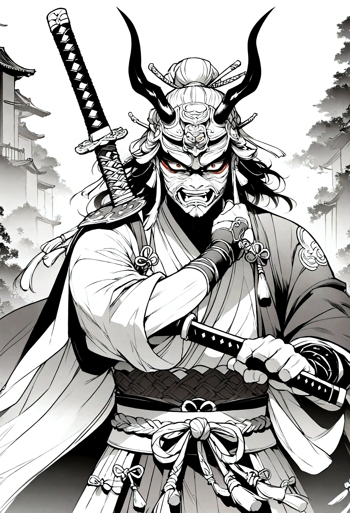 Samurai, mit einer ONI-Maske, He holds the sword on his right arm, high res, masterpiece, illustration, chinsese traditional style