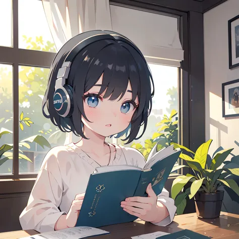 a girl with short hair, wearing headphones, reading a book, in a room with houseplants, detailed portrait, beautiful detailed ey...