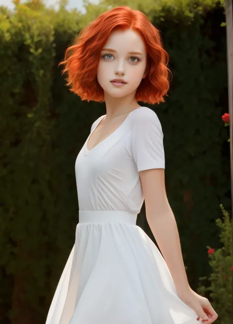 A red-haired girl with short hair and pinched eyes