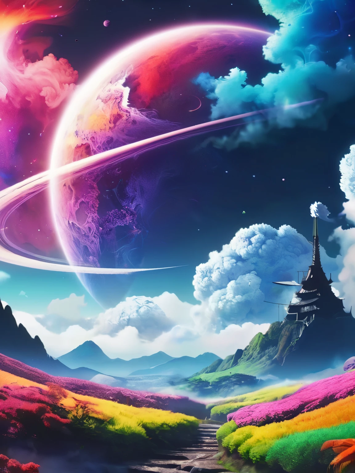 꿈꾸는 듯한 애니메이션 풍경, 여러 가지 빛깔의 우주 연기 
