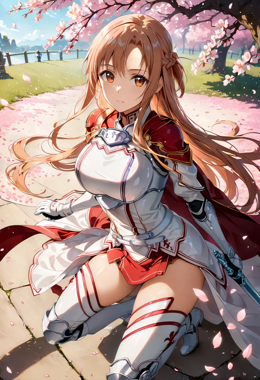 alone, 1 girl, Yuuki Asuna, keep, arms, Focus on women, sword, Cape, armor, Lambent Light, Handguard, sheath,  armor, full armor, Integrated Knight，Cherry blossoms bloom all over the ground，Background of falling cherry blossom petals　(((masterpiece)))， ((highest quality))， ((Intricate details))　(8k)