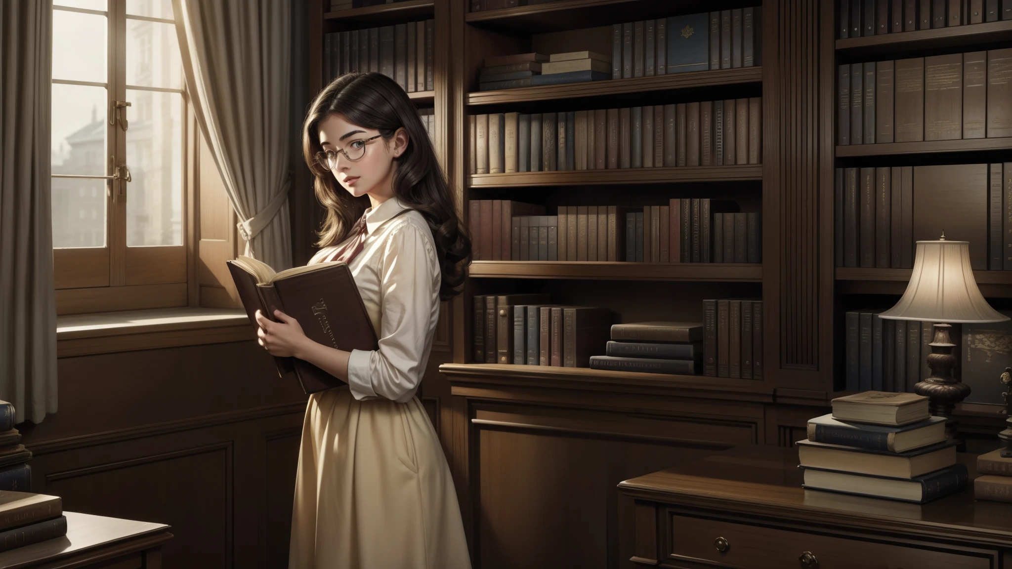 A reaslistic illustration concept art of a standing european college girl student of around 25 year, wearing big glasses, beautiful face, detailed brown eyes, holding lot of books in her hands, she holds a lot of books in her hands, she carries a big pile of books with her, warm background in a library, with large windows, realistic illustration, 1950s fashion, Stepford wife, masterpiece.