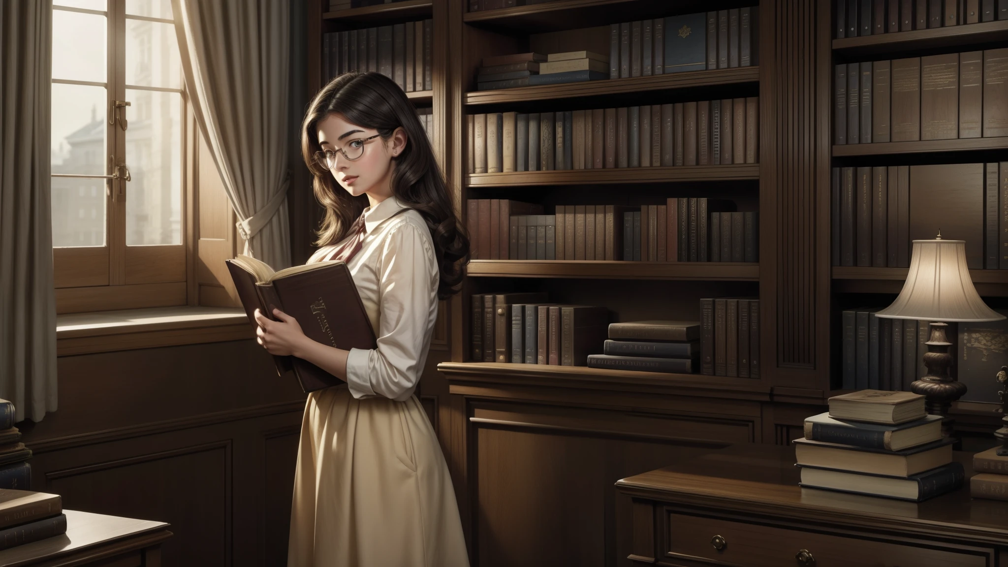 Un concept d&#39;illustration réaliste d&#39;une étudiante européenne debout d&#39;environ 25 ans, porter de grandes lunettes, Beau visage, yeux marrons détaillés, tenant beaucoup de livres dans ses mains, elle tient beaucoup de livres dans ses mains, elle porte une grosse pile de livres avec elle, fond chaleureux dans une bibliothèque, Avec de grandes fenêtres, illustration réaliste, mode des années 1950, Épouse de Stepford, chef-d&#39;œuvre.