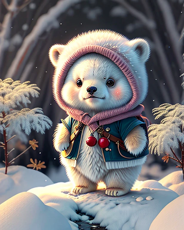 better image quality、"Create your own masterpieces with cute creatures. one、polar bear、（Place - forest）, high detail, in 8K、better image quality、Dressed like an adventurer、With shuriken in hand、medieval adventurer costume、(((Cute)))、