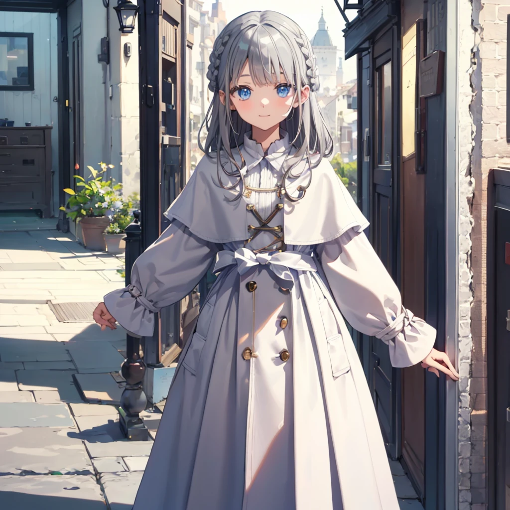 vtuber-fullbody、Standing in front of the viewer、Super detailed, masterpiece, highest quality, alone,A kind smile, A light smile, Cowboy Shot, 
One girl, blue eyes, short hair、, Gray Hair,French Braid, bangs, Medium chest, CPCT, Capelet Coat