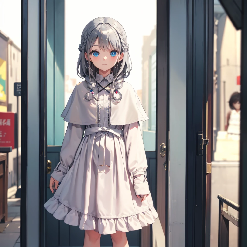 vtuber-fullbody、De pie frente al espectador、Súper detallado, obra maestra, de la máxima calidad, alone,Una sonrisa amable, una ligera sonrisa, tiro de vaquero, 
Una chica, blue eyes, cabello corto、, pelo canoso,Trenza francesa, Golpes, pecho mediano, CPCT, abrigo tipo capa