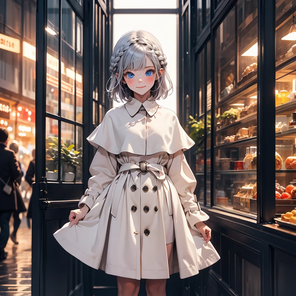 vtuber-fullbody、debout devant le spectateur、Super détaillé, chef-d&#39;œuvre, la plus haute qualité, seul,Un sourire gentil, un sourire léger, tir de cow-boy, Une fille, yeux bleus, Cheveux courts、, cheveux gris,Tresse française, frange, Poitrine moyenne, CPCT, Manteau capelet
