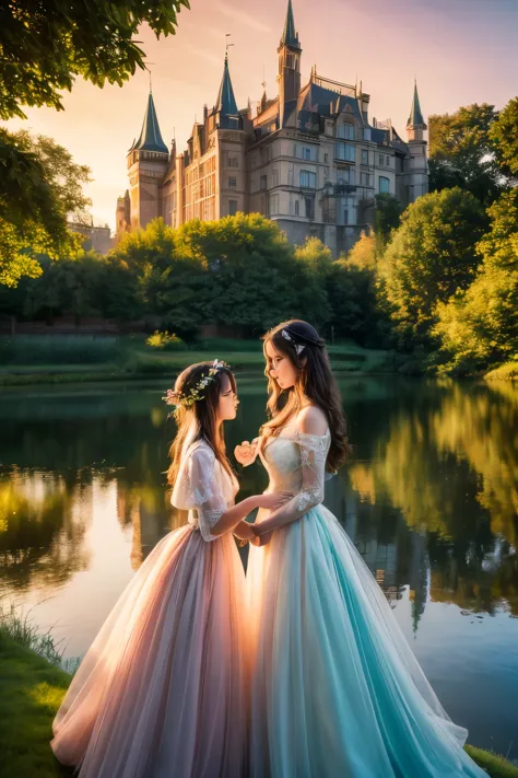 a detailed portrait of two beautiful young girls standing in a lush green garden in front of a majestic castle, the castle's ref...