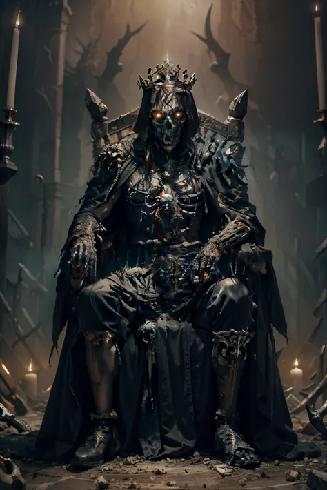 a terrifying king of the dead, eight-armed, eight-eyed, wearing a crown of bones, a black robe, holding a black blade, sitting o...