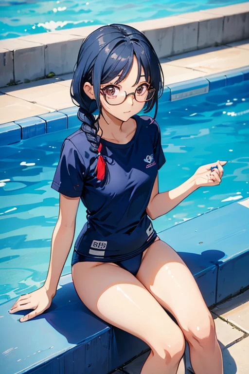 ((( character : teenager : Tzuyu : Otaku : Very short stature : Thin thighs : Healthy Body : Braided hair : Glasses : Sitting ))) / ((4ｋ、8ｋ、high quality、Perfect Fingers:1.3、Perfect Anatomy:1.3、Blur the background))、Flat Chest，Cute Squid Eyes,)（Navy blue school swimsuit:1.5）Hold one knee，An angle that captures the whole body，The edge of the pool with a view of the blue sky、