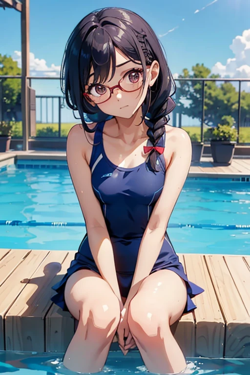 ((( character : teenager : Tzuyu : Otaku : Very short stature : Thin thighs : Healthy Body : Braided hair : Glasses : Sitting ))) / ((4ｋ、8ｋ、high quality、Perfect Fingers:1.3、Perfect Anatomy:1.3、Blur the background))、Flat Chest，Cute Squid Eyes,)（Navy blue school swimsuit:1.5）Hold one knee，An angle that captures the whole body，The edge of the pool with a view of the blue sky、