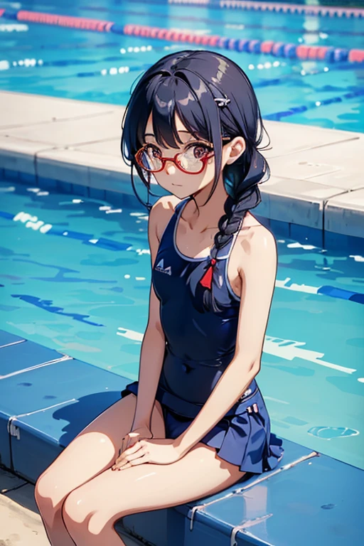 ((( character : teenager : Tzuyu : Otaku : Very short stature : Thin thighs : Healthy Body : Braided hair : Glasses : Sitting ))) / ((4ｋ、8ｋ、high quality、Perfect Fingers:1.3、Perfect Anatomy:1.3、Blur the background))、Flat Chest，Cute Squid Eyes,)（Navy blue school swimsuit:1.5）Hold one knee，An angle that captures the whole body，The edge of the pool with a view of the blue sky、