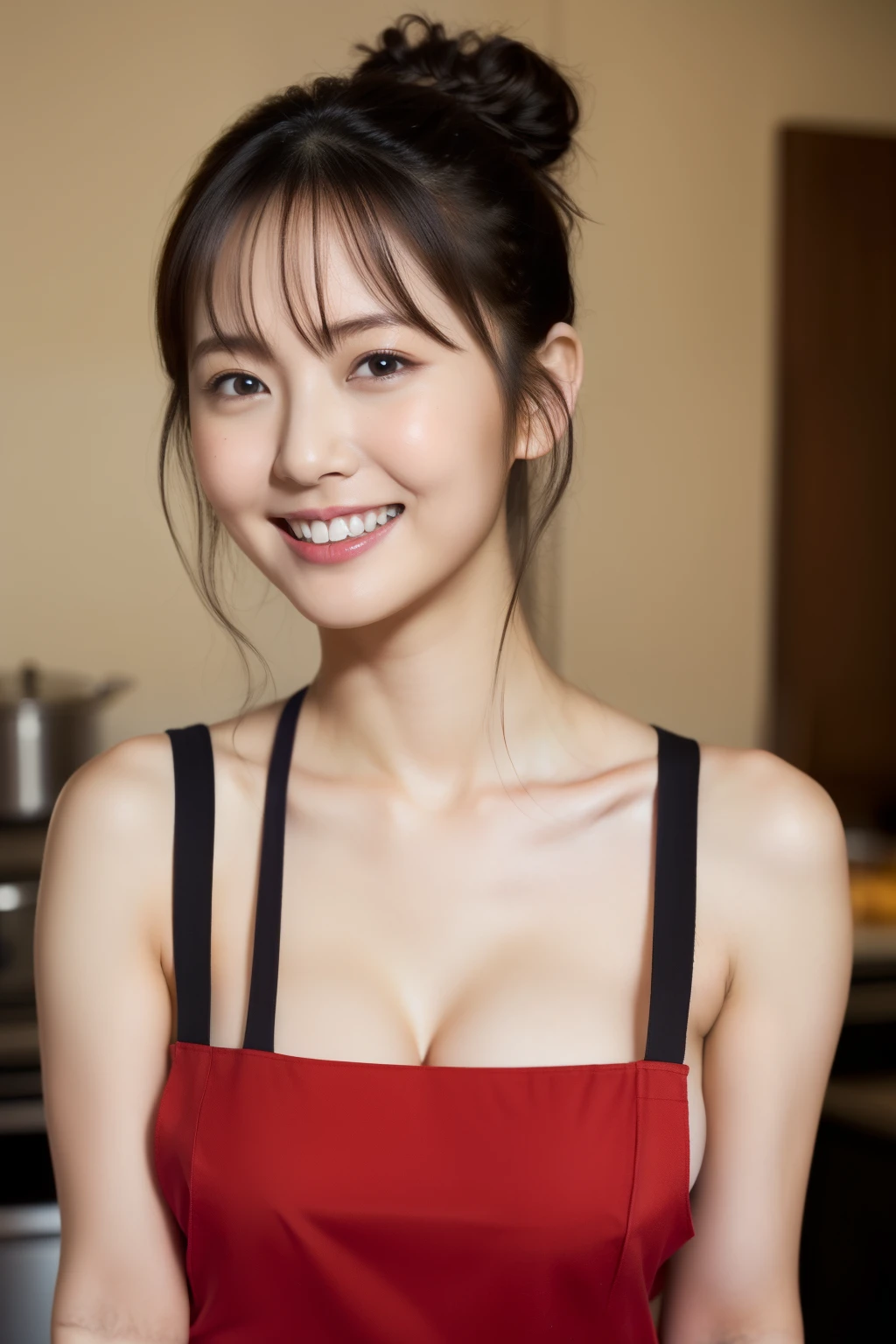 A woman is cooking, In the kitchen, Wearing a naked apron,(Naked Apron,Dark red apron,Short apron),(Hair Bun,curly,Black Hair),Medium Shot,smile,smile,Big round box,(cover-),Slim figure, Sweaty skin,(mole,pores),Realistic,Realistic:1.37, Tabletop, highest quality,Hmph,Highly detailed skin,Detailed face,Amazing eye for detail,Beautiful and delicate,Detailed clothing,High resolution photos,Professional Light,Cinema Lighting, Cleavage、　Thighs、　
