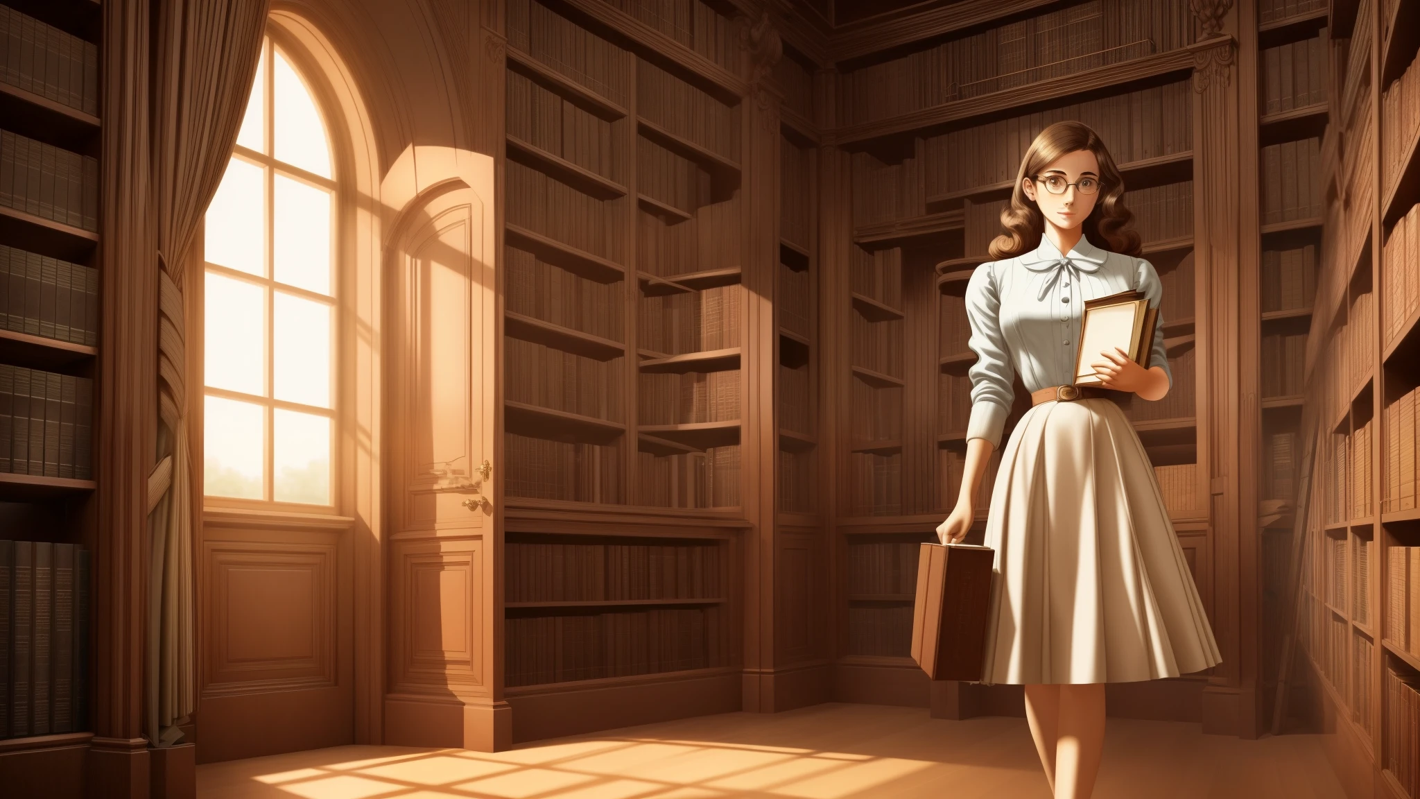 A reaslistic illustration concept art of a standing european college girl student of around 25 year, wearing big glasses, beautiful face, detailed brown eyes, holding lot of books in her hands, she holds a lot of books in her hands, she carries a big pile of books with her, warm background in a library, with large windows, realistic illustration, 1950s fashion, Stepford wife, masterpiece.
