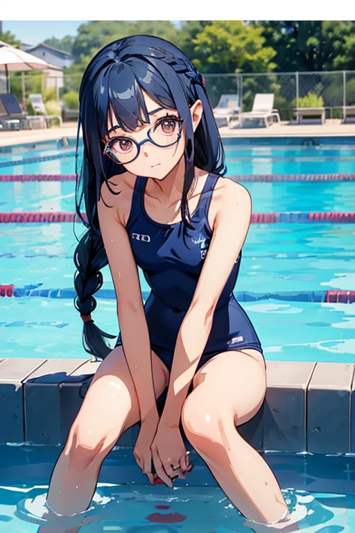 ((( character : teenager : Tzuyu : Otaku : Very short stature : Thin thighs : Healthy Body : Braided hair : Glasses : Sitting ))) / ((4ｋ、8ｋ、high quality、Perfect Fingers:1.3、Perfect Anatomy:1.3、Blur the background))、Very flat chest，Cute Squid Eyes,)（Navy blue school swimsuit:1.5）Hold one knee，An angle that captures the whole body，The edge of the pool with a view of the blue sky、