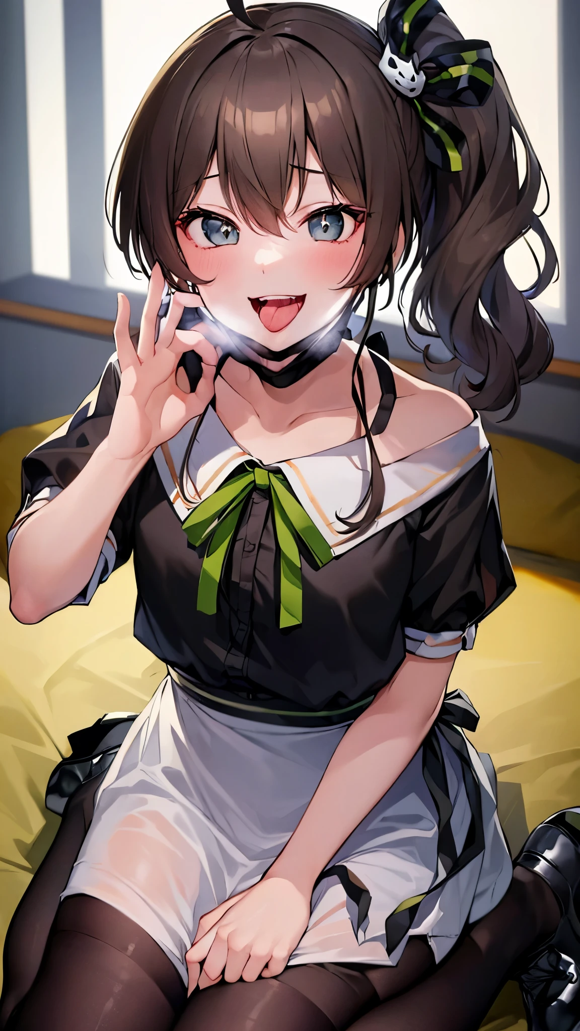  ((((Open your mouth))))、masterpiece,highest quality,High resolution,Very detailed,bb Festival,meだium hair,skinny,Ahoge,Brown Hair,(((((  Captivating smile ))))),skinny,Hair between the eyes,bangs,Hair Ribbon,Black Choker,Earrings,Black Ribbon,plaiだ shirt,Grey Shirt,shoulだer cutout,Short sleeve,See-through sleeves,Black Skirt,High Waist Skirt,Race,(((( Perfect Fingers )))) ,  shoes,(black shoes:1.4),Race trim,shoes,Black footwear,indoor,(Cafe:1.2),((Blowjob Gestures:1.5))、Open your mouth ,Sitting,Chair,Heavy breathing ,Hand in front of your mouth,Hand in front of mouth, manga,text,magazine、(Black mask:1.2, mask pull:1.3)、Squint your eyes、Sharp Eye、((steam,sweat、Vulgarity)),(Late Night:1.8, Dark lighting:1.6, dark:1.8, Spotlight)、Heart-shaped pupils