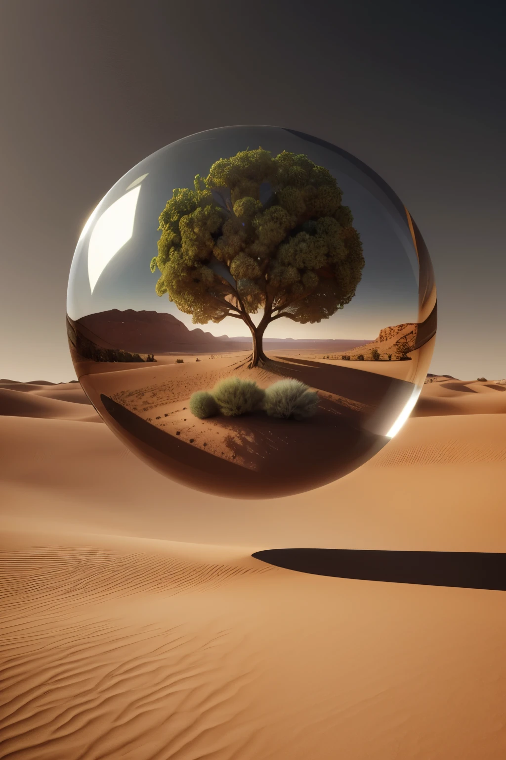 砂漠の風景に映るガラス玉の中の木のアラビア数字画像, ボールの中の生命の木, シュールなデジタルアート, シュルレアリスム 8k, シュールなデジタルアート, シュールアート, シュールな 3D レンダリング, 3Dレンダリングデジタルアート, マーク・アダムス, シュールなコンセプトアート, 3Dレンダリングビープル, 様式化されたデジタルアート, 4k シュルレアリスム