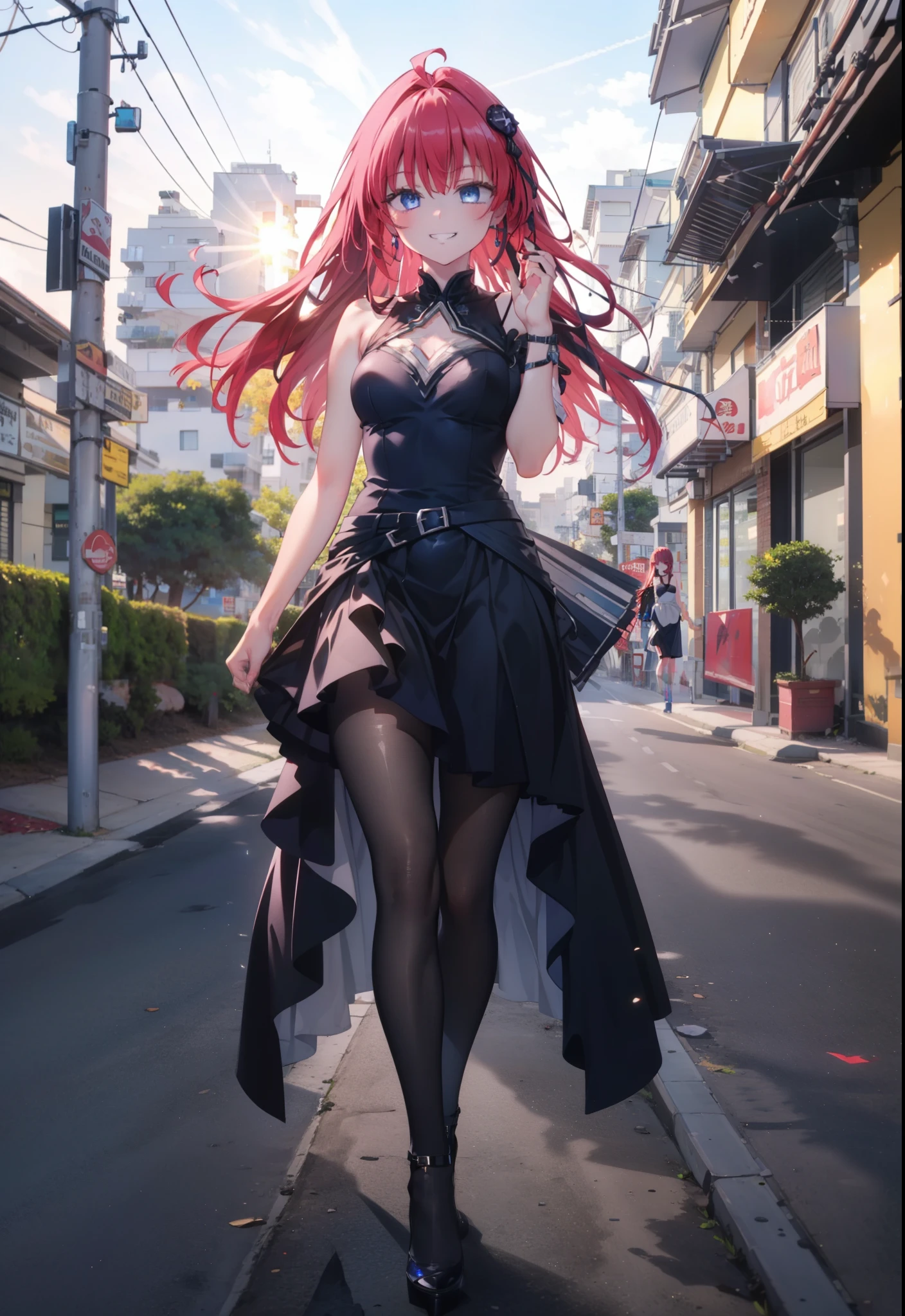 (masterpiece, highest quality:1.2),shape,8k,High resolution,kurosaki mea,Red Hair,Long Hair,Purple eyes,1 girl,Grin,smile,Sleeveless black dress,Bare arms,black long skirt,Black pantyhose,Walking in stiletto heels,evening,Sunset,The sun is setting,
break looking at viewer,whole body, (Cowboy Shot:1. 5)
break outdoors, Coastal Road,
break (masterpiece:1.2), highest quality, High resolution, unity 8k wallpaper, (shape:0.8), (Beautiful and beautiful eyes:1.6), Highly detailed face, Perfect lighting, Extremely detailed CG, (Perfect hands, Perfect Anatomy),