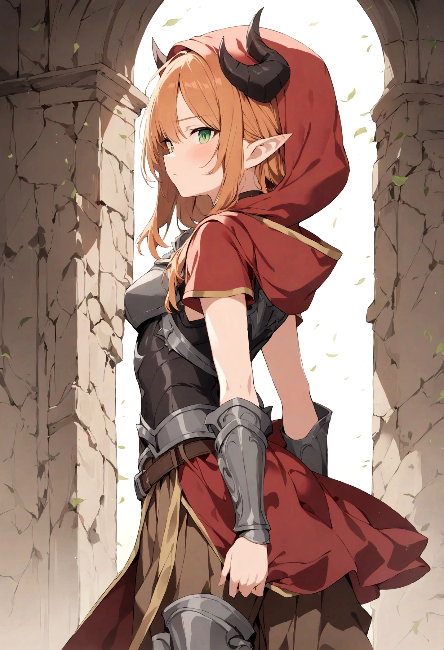 (1girl, Masterpiece, best quality) A young elf female with (long length intense orange hair and sharp side-swept fringe). Neutral, sligthly serious expression. Her attire includes a red cloak with yellow trim that covers a (medieval-style brown and gray chest piece). She has green eyes. She has a brown belt cinched around her waist. She wears brown pants with armored greaves.. (She's wearing a red hood ((with attached (gray horns tilted back) to hood.)).)
