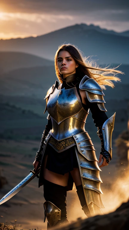 a female warrior, medieval fantasy knight, heavily armored, holding a sword, fierce expression, long flowing hair, intricate armor details, bright magical energy, dramatic lighting, cinematic pose, epic landscape background, (best quality,4k,8k,high resolution,masterpiece:1.2),ultra-detailed,(Realistic,photoRealistic,photo-Realistic:1.37),fantasy art, digital painting, dramatic colors, dramatic lighting
