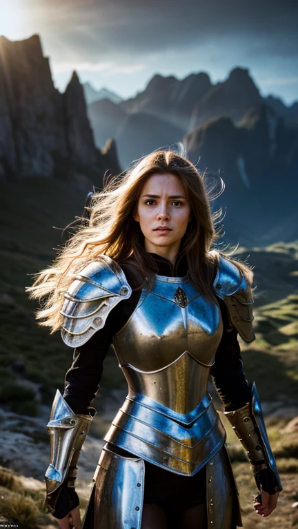 a female warrior, medieval fantasy knight, heavily armored, holding a sword, fierce expression, long flowing hair, intricate armor details, bright magical energy, dramatic lighting, cinematic pose, epic landscape background, (best quality,4k,8k,high resolution,masterpiece:1.2),ultra-detailed,(Realistic,photoRealistic,photo-Realistic:1.37),fantasy art, digital painting, dramatic colors, dramatic lighting