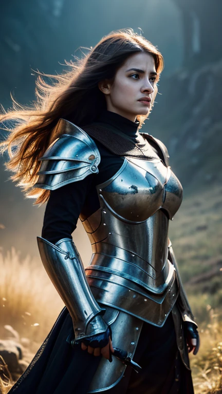 a female warrior, medieval fantasy knight, heavily armored, holding a sword, fierce expression, long flowing hair, intricate armor details, bright magical energy, dramatic lighting, cinematic pose, epic landscape background, (best quality,4k,8k,high resolution,masterpiece:1.2),ultra-detailed,(Realistic,photoRealistic,photo-Realistic:1.37),fantasy art, digital painting, dramatic colors, dramatic lighting