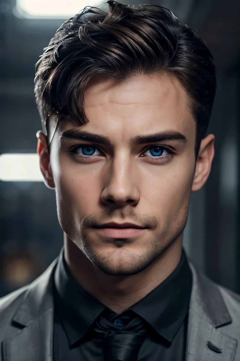 a 2 man, detailed portrait, highly realistic, photorealistic, sharp focus, extreme fine details, chiseled jawline, piercing blue eyes, masculine facial features, short brown hair, subtle smile, wearing a dark grey suit, indoors setting, warm lighting, cinematic composition, elegant, sophisticated