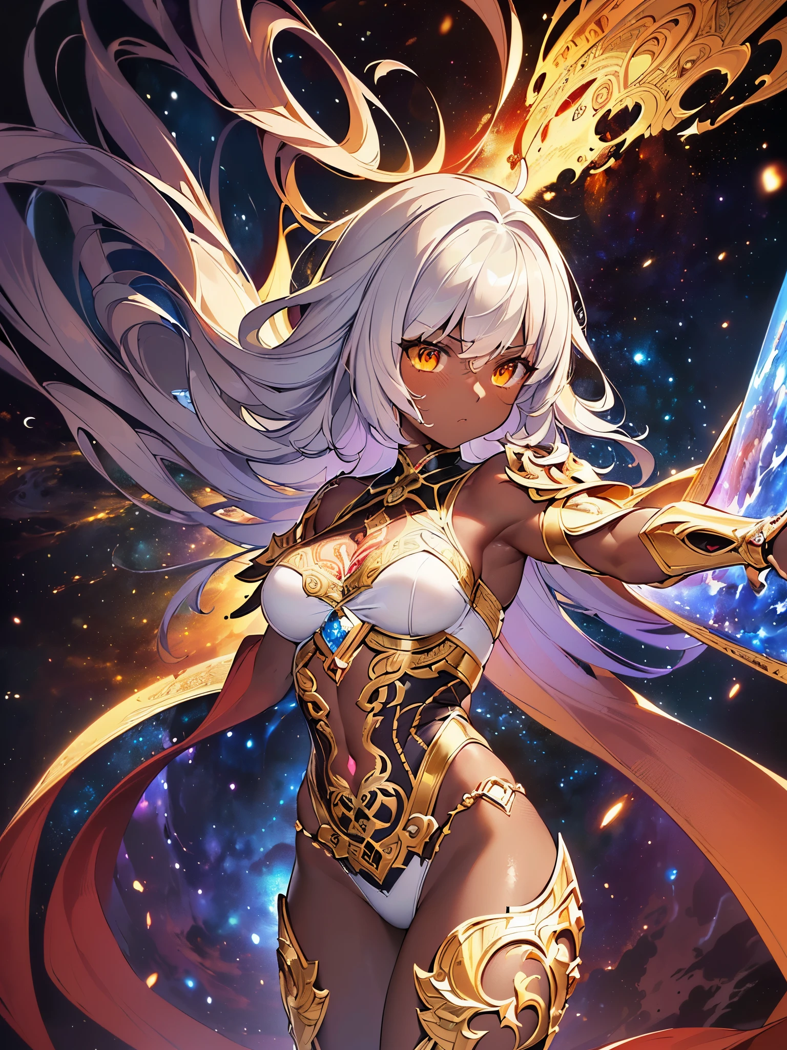 ((highest quality)),(Ultra-high resolution),(Very detailed),(Detailed Description),((The best CG)),(A masterpiece),Ultra-detailed art,Amazing drawing art,(Fantasy art with intricate detail:1.5), (Dark skinned female warrior:1.5),anger:1.4,(A well-trained body:1.4),strike:1.6, (Throw the universe:1.6),Shattering:1.6