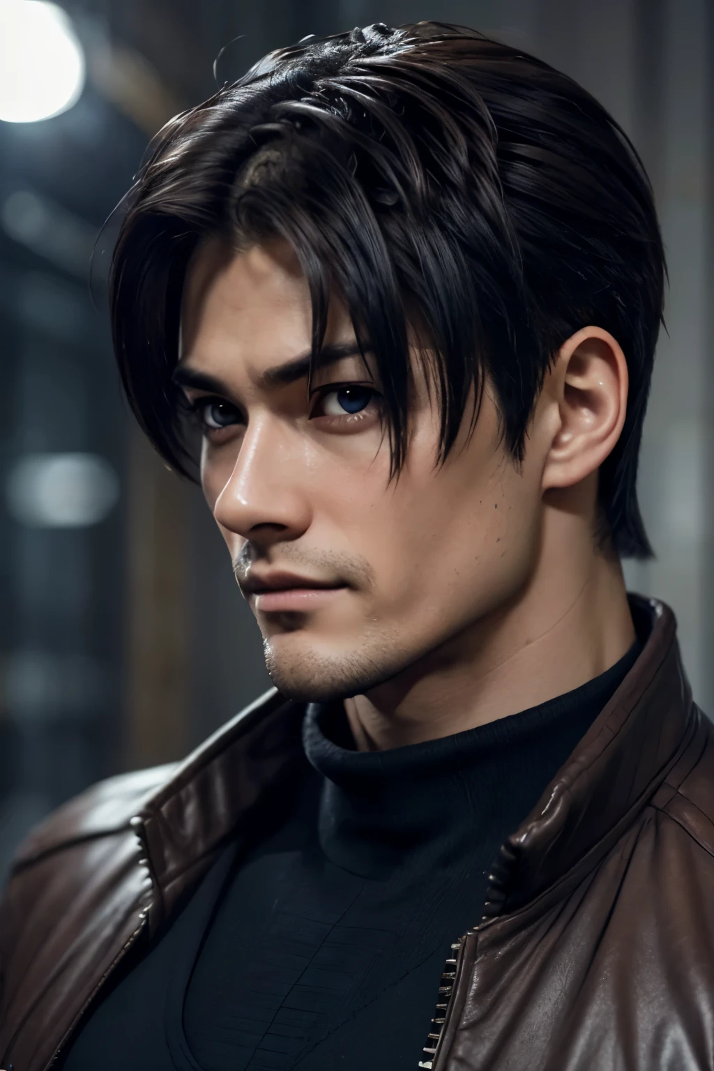 a 2 man, detailed portrait, highly realistic, photorealistic, sharp focus, extreme fine details, chiseled jawline, piercing blue eyes, masculine facial features, short brown hair, subtle smile, wearing a dark grey suit, indoors setting, warm lighting, cinematic composition, elegant, sophisticated, kusanagi Kyo, Kusanagi Kyo from KoF 2002