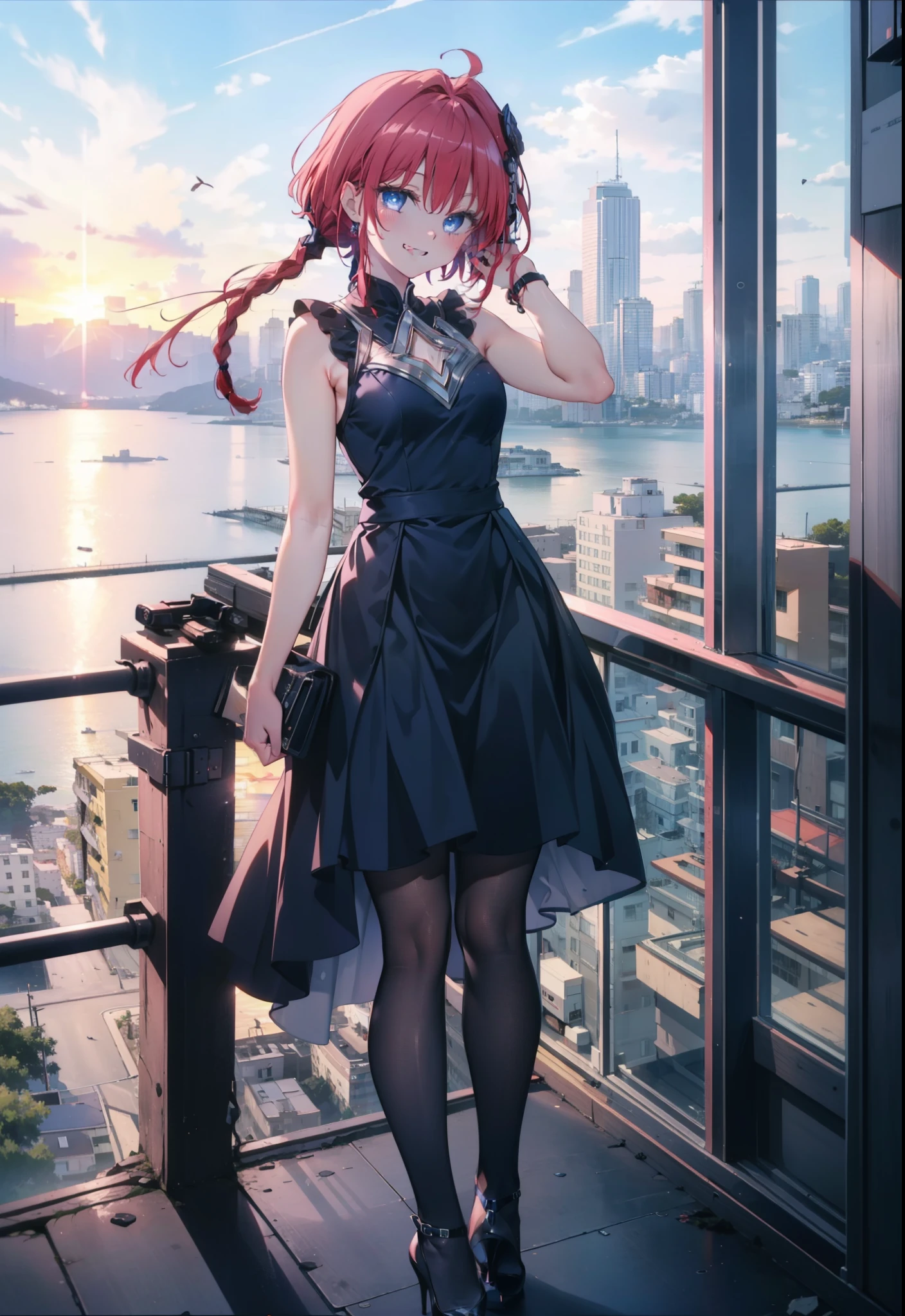 (masterpiece, highest quality:1.2),shape,8k,High resolution,kurosaki mea,Red Hair,Long Hair,Long braids,Purple eyes,1 girl,Grin,smile,Sleeveless black dress,Bare arms,black long skirt,Black pantyhose,Stiletto heels,evening,Sunset,The sun is setting,
break looking at viewer,whole body, (Cowboy Shot:1. 5)
break outdoors, Coastal Road,
break (masterpiece:1.2), highest quality, High resolution, unity 8k wallpaper, (shape:0.8), (Beautiful and beautiful eyes:1.6), Highly detailed face, Perfect lighting, Extremely detailed CG, (Perfect hands, Perfect Anatomy),