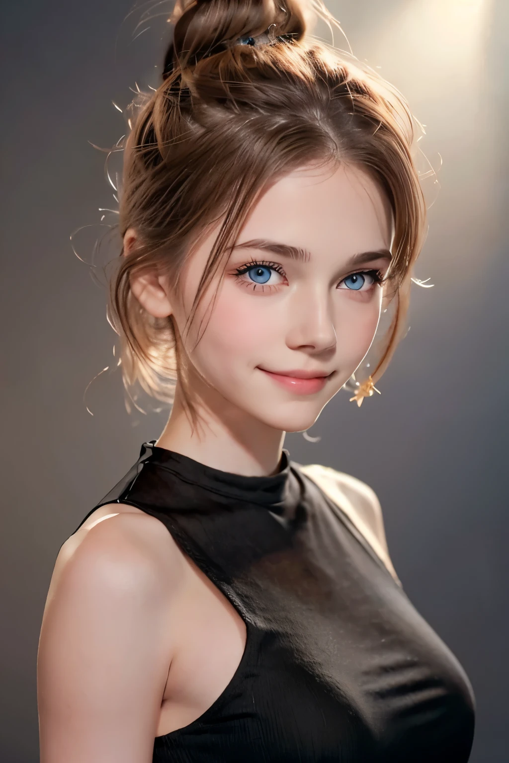 Tight black top:1.2, looking at the audience, Cinema lighting, perfect, soft light, High resolution skin:1.2, Realistic skin texture, 18 years old、a small face、No makeup，Off the shoulders 、blue eyes, bun, dark brown hair、gray background、evil smile, bad, evil 